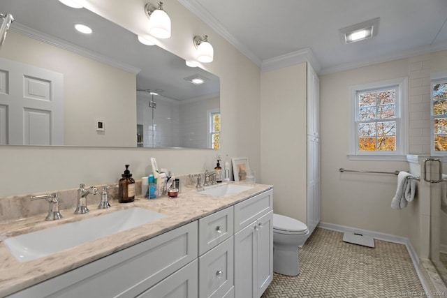 bathroom with vanity, a shower with door, tile patterned floors, crown molding, and toilet