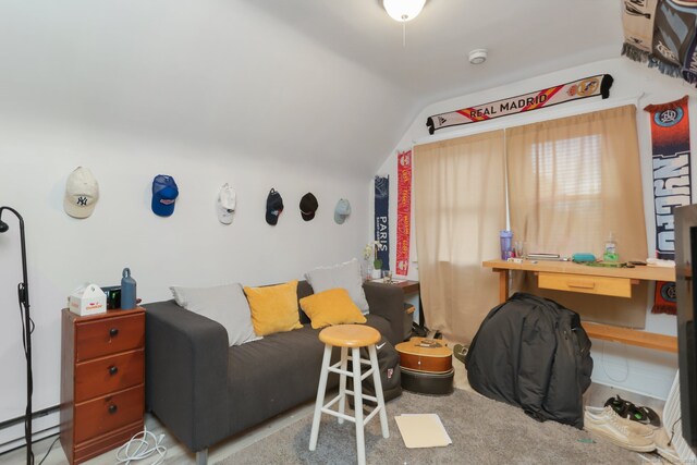 interior space featuring carpet flooring, lofted ceiling, and a baseboard heating unit