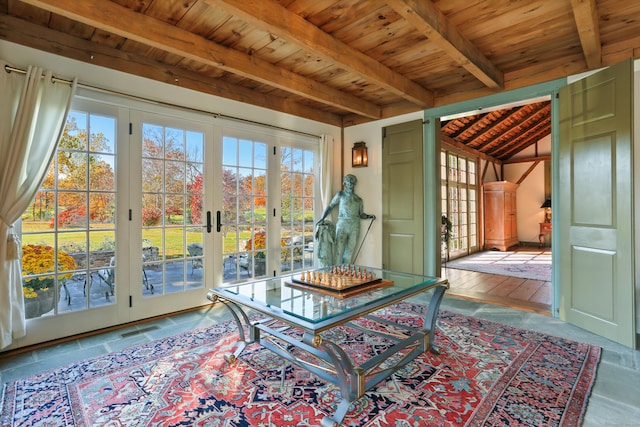 interior space featuring wood ceiling, plenty of natural light, hardwood / wood-style floors, and french doors