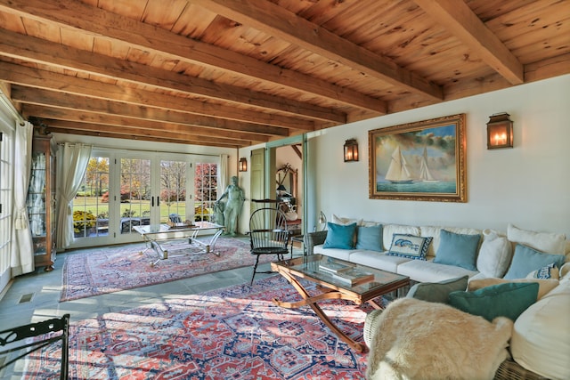 living room featuring beam ceiling, tile patterned floors, french doors, and wood ceiling