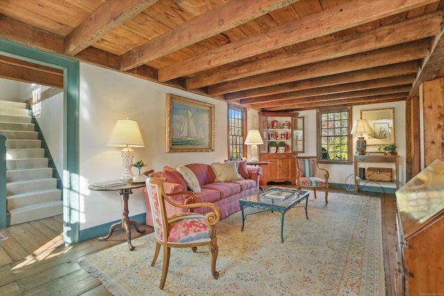 living room featuring beam ceiling, hardwood / wood-style flooring, and wood ceiling