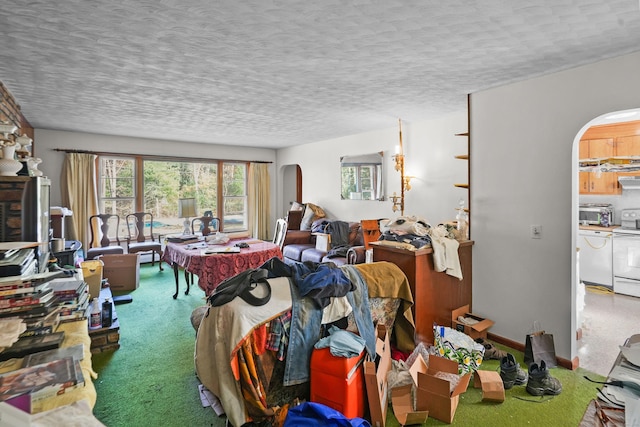 82 Pendleton Hill Rd, Voluntown, CT 06384 - living area with arched walkways, carpet, and a textured ceiling