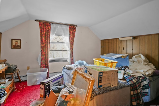 82 Pendleton Hill Rd, Voluntown, CT 06384 - bonus room with lofted ceiling, a baseboard heating unit, wooden walls, and carpet