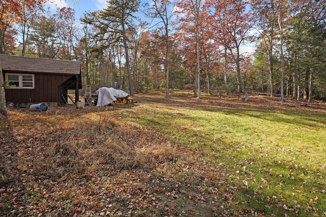 82 Pendleton Hill Rd, Voluntown, CT 06384 - view of grassy yard with an outbuilding and a wooded view