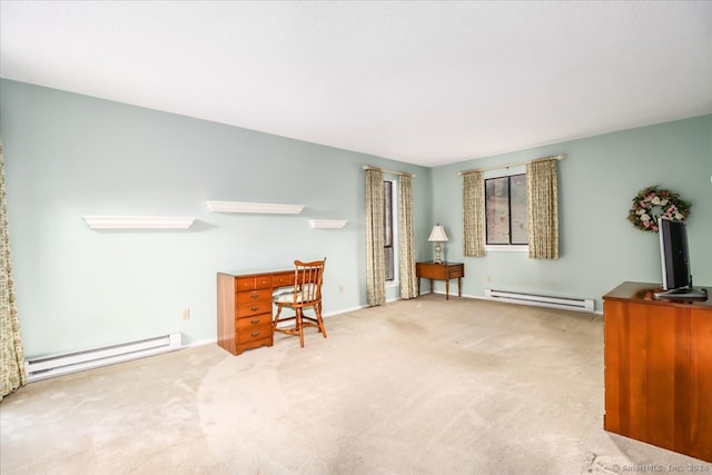 home office with carpet flooring and a baseboard heating unit