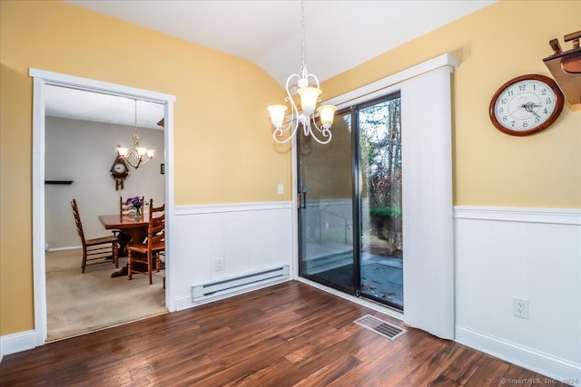 dining area featuring vaulted ceiling, a notable chandelier, dark hardwood / wood-style floors, and a baseboard heating unit