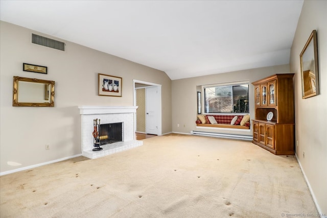 unfurnished living room with baseboard heating, a fireplace, lofted ceiling, and light carpet