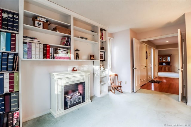 living room with a fireplace and carpet floors