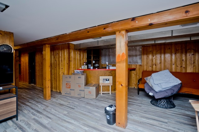 basement featuring wooden walls and wood-type flooring