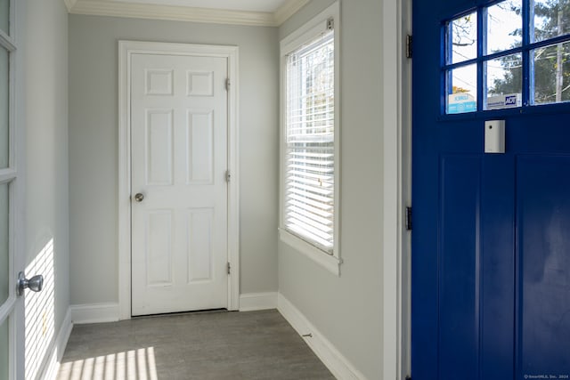 entrance foyer featuring ornamental molding and hardwood / wood-style flooring