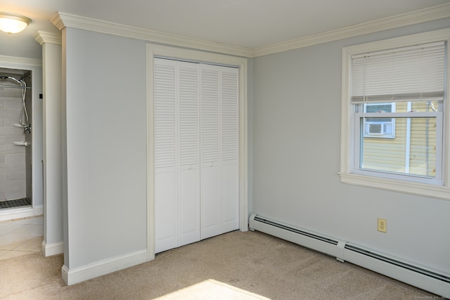 unfurnished bedroom with a baseboard radiator, crown molding, light carpet, and a closet