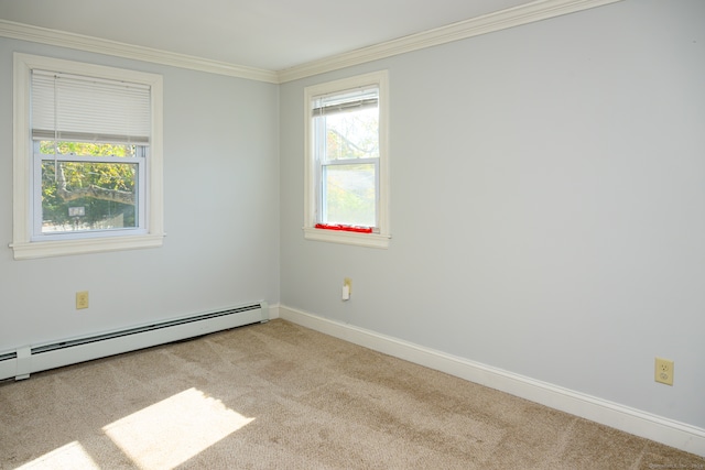 carpeted empty room featuring ornamental molding, a healthy amount of sunlight, and baseboard heating