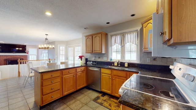 kitchen featuring kitchen peninsula, sink, stainless steel dishwasher, pendant lighting, and white electric stove