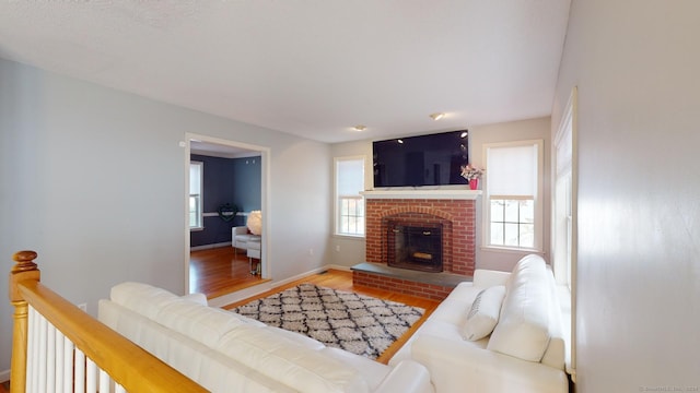 living room with a fireplace and wood-type flooring