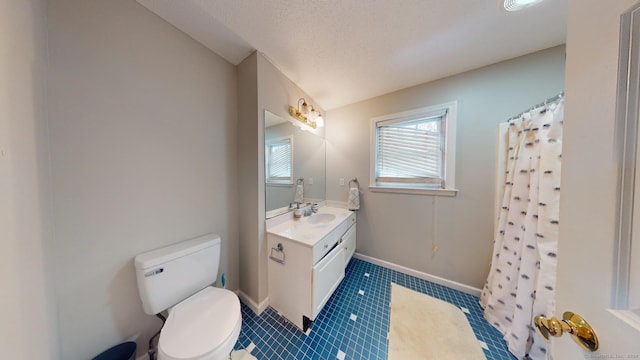 bathroom featuring walk in shower, a textured ceiling, vanity, tile patterned floors, and toilet