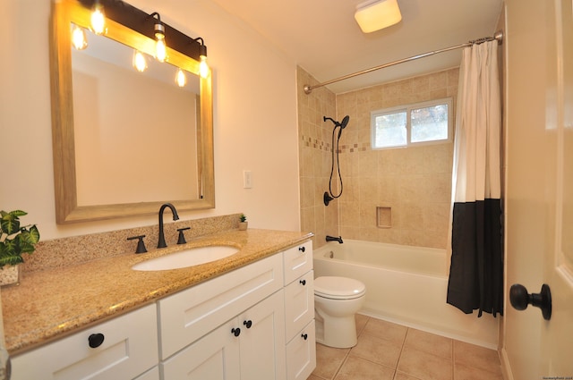 full bathroom with tile patterned flooring, vanity, shower / tub combo, and toilet