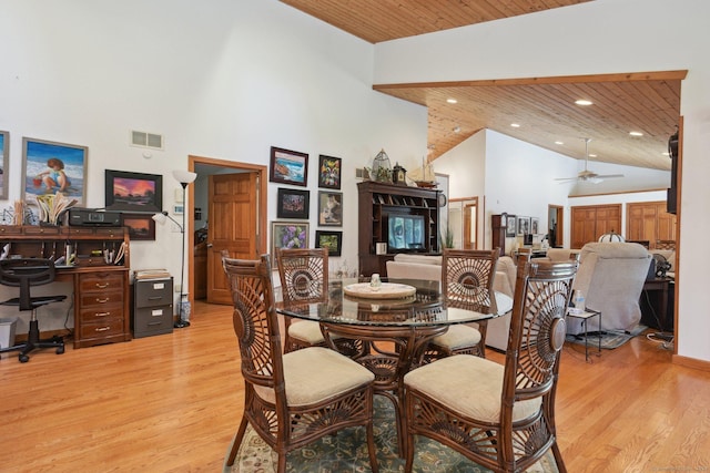 dining area featuring wood ceiling, visible vents, and light wood-type flooring