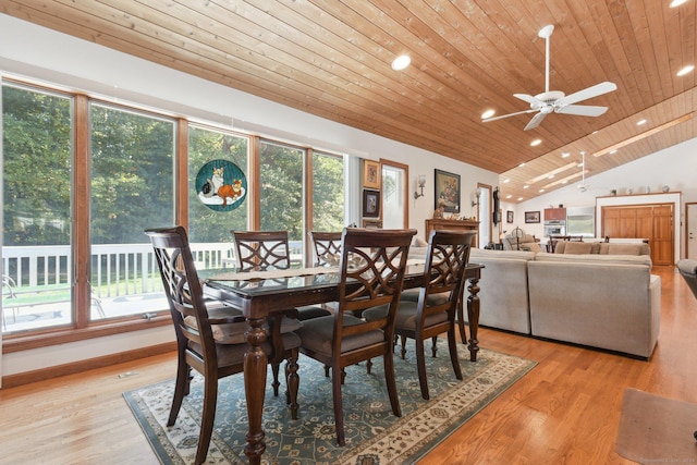 dining space with light wood-style flooring, recessed lighting, baseboards, wooden ceiling, and lofted ceiling