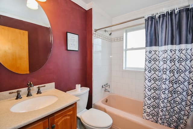 full bathroom featuring vanity, toilet, ornamental molding, and shower / bath combo with shower curtain