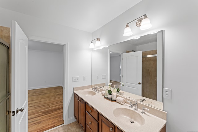 bathroom with walk in shower, hardwood / wood-style floors, and vanity