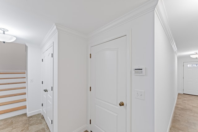 hallway featuring ornamental molding