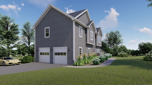 view of side of home featuring a garage and a lawn