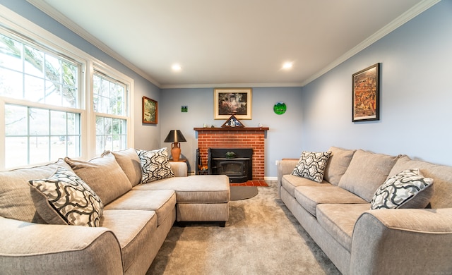 living room with a wood stove, light colored carpet, and crown molding