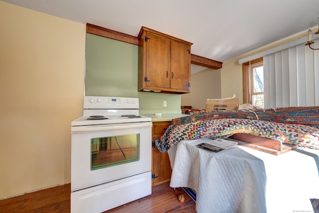 kitchen featuring electric stove and dark wood-type flooring