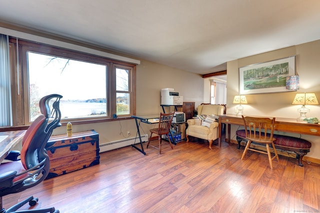 office featuring hardwood / wood-style flooring and a baseboard radiator