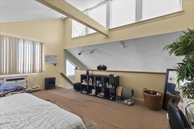 30 Merwin St Unit 6, Norwalk, CT 06850 - carpeted bedroom with high vaulted ceiling, baseboard heating, and a wall unit AC