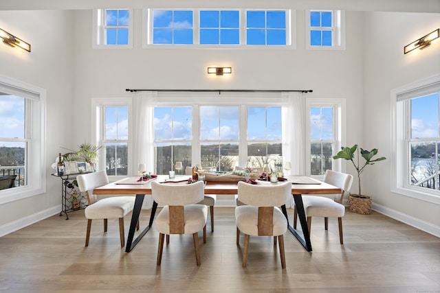 dining area with light hardwood / wood-style floors and a high ceiling