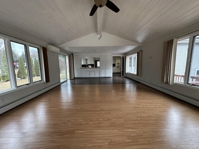 unfurnished living room featuring dark wood finished floors, wood ceiling, a wall mounted air conditioner, vaulted ceiling with beams, and a baseboard heating unit