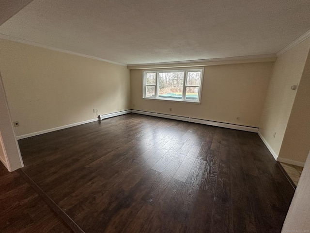 spare room with baseboards, dark wood-style flooring, a baseboard radiator, and crown molding