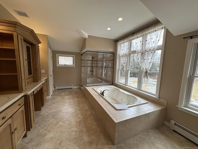 bathroom with a baseboard heating unit, a stall shower, visible vents, and a whirlpool tub