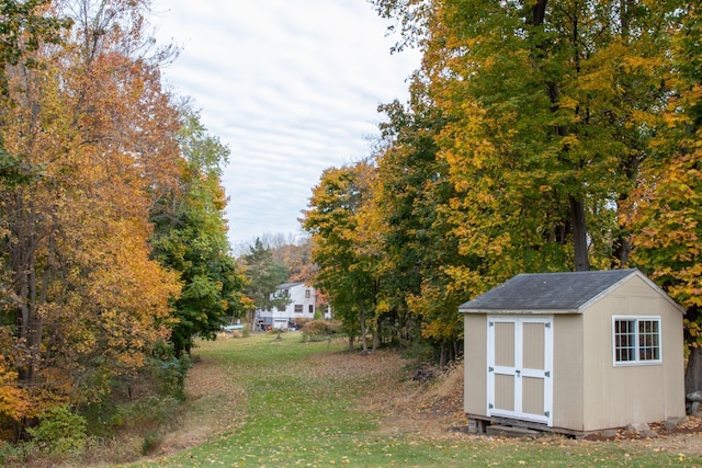 view of yard featuring a shed