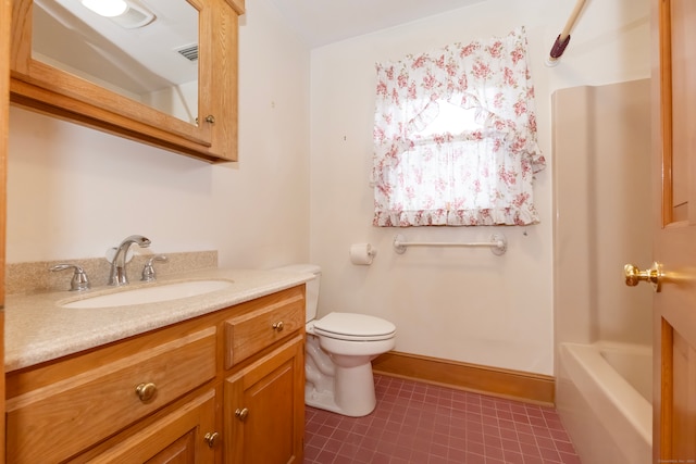 full bathroom featuring vanity, shower / tub combination, toilet, and tile patterned floors