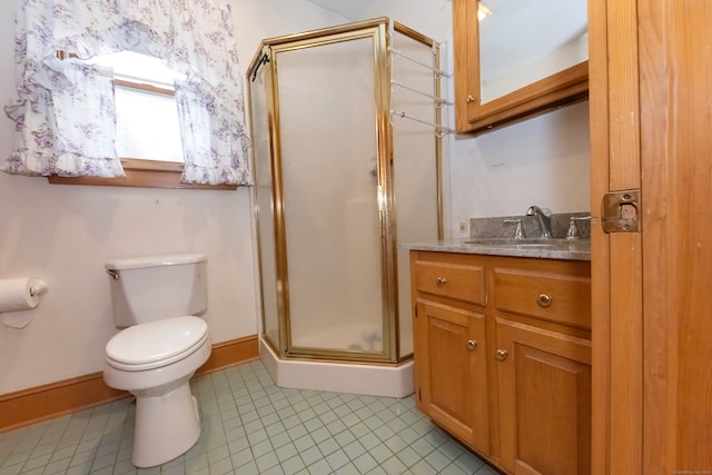 bathroom with vanity, toilet, tile patterned flooring, and an enclosed shower