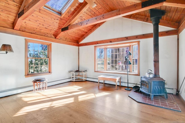 misc room with wood-type flooring, a wood stove, wooden ceiling, high vaulted ceiling, and a skylight