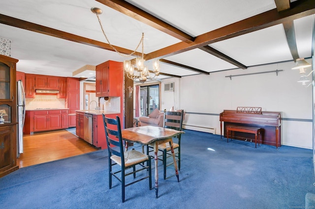 dining room featuring a wall mounted air conditioner, a chandelier, beam ceiling, and baseboard heating