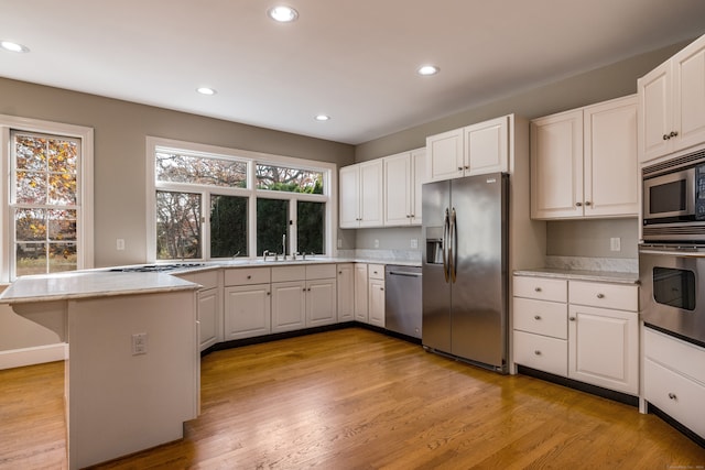 kitchen featuring stainless steel appliances, white cabinetry, sink, kitchen peninsula, and light hardwood / wood-style flooring