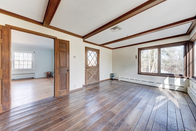 interior space with dark wood-type flooring, visible vents, baseboards, beam ceiling, and radiator heating unit