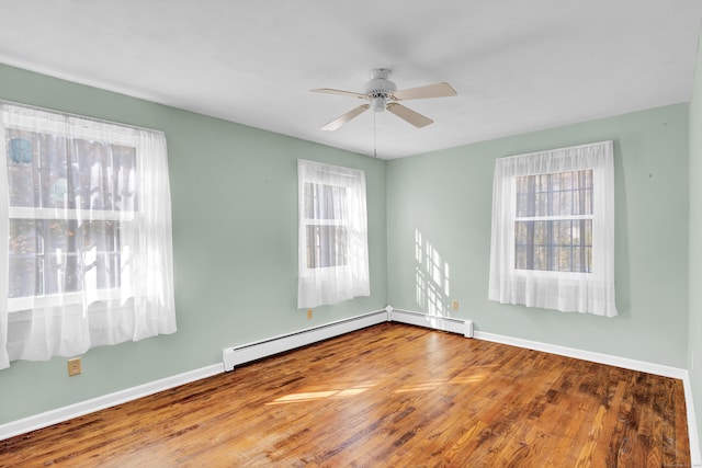 unfurnished room with hardwood / wood-style floors, a baseboard heating unit, and ceiling fan