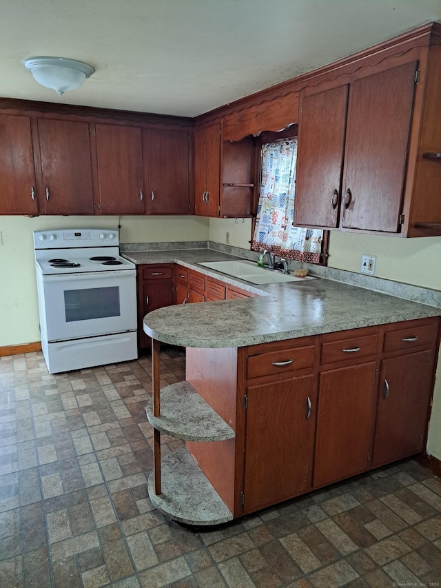 kitchen featuring kitchen peninsula, white range with electric cooktop, and sink