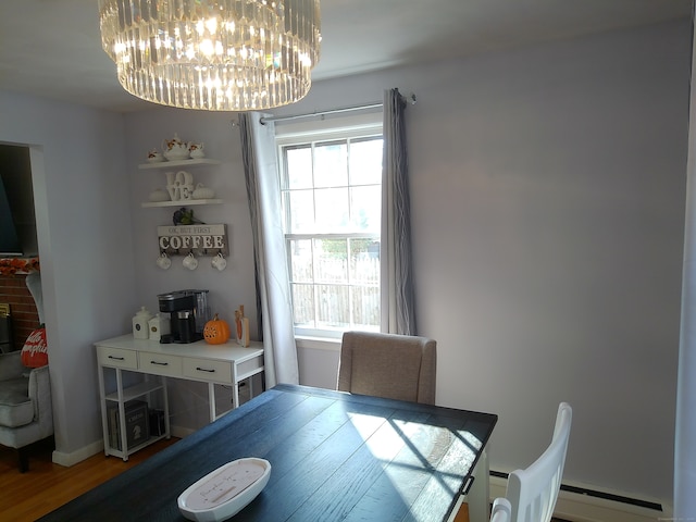 dining space with a baseboard heating unit, a wealth of natural light, and hardwood / wood-style floors