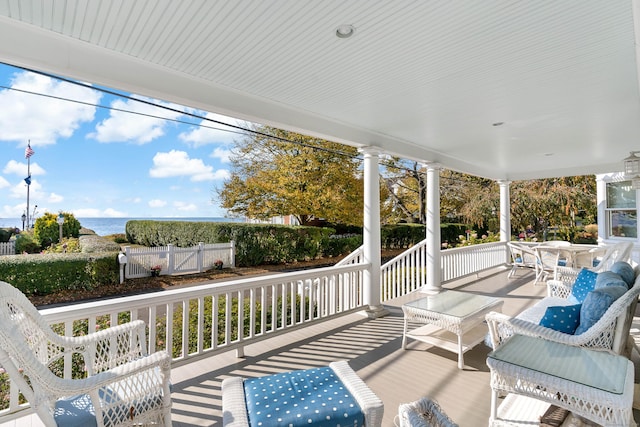 exterior space with a water view