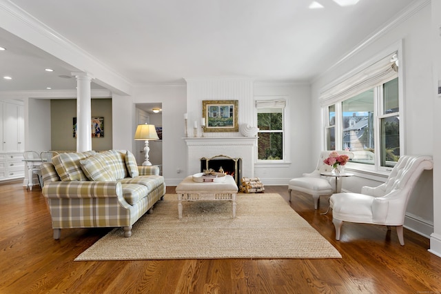 living room with decorative columns, crown molding, dark hardwood / wood-style flooring, and a fireplace