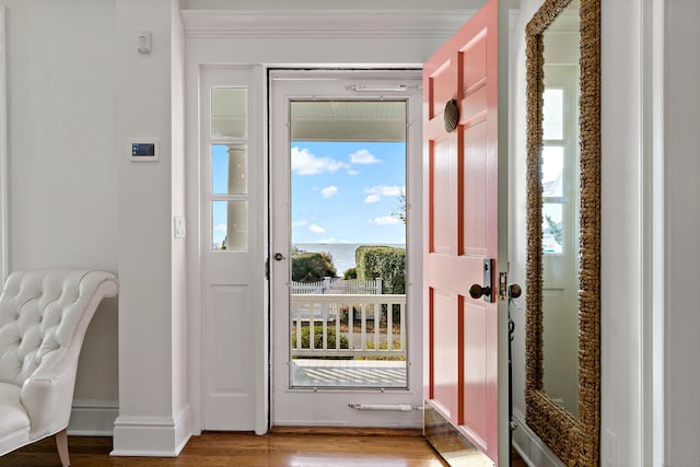 10 Island View Ave, Branford, CT 06405 - doorway with baseboards and wood finished floors