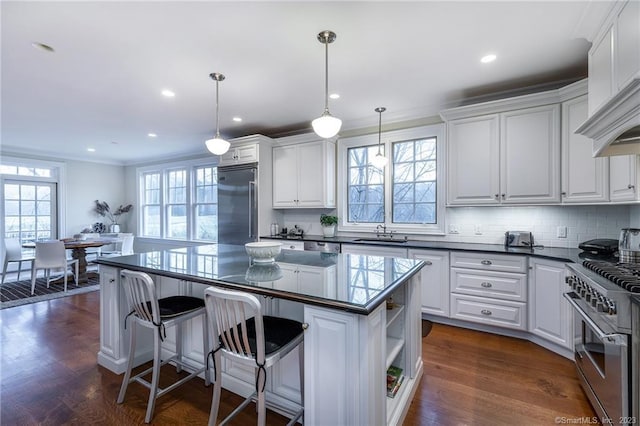 kitchen featuring white cabinets, a healthy amount of sunlight, decorative light fixtures, and high end appliances