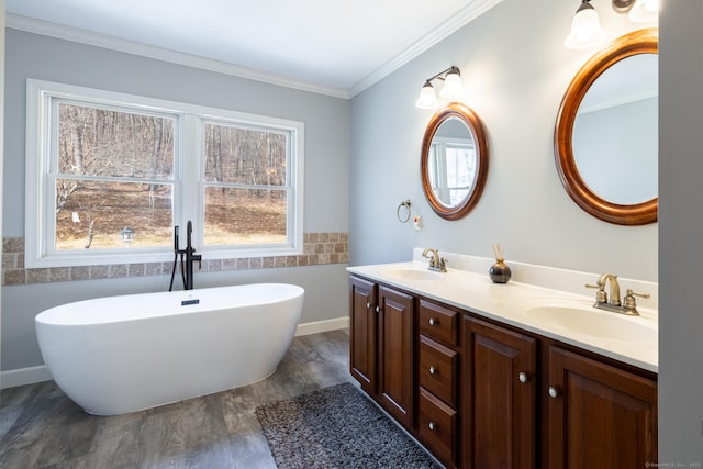 bathroom featuring a freestanding bath, double vanity, ornamental molding, and a sink