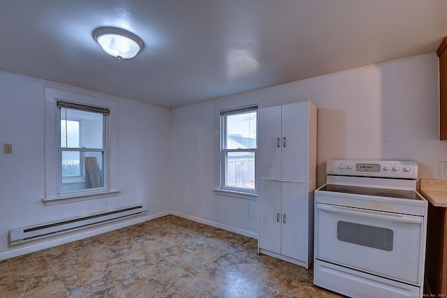 kitchen featuring a baseboard radiator and white electric range